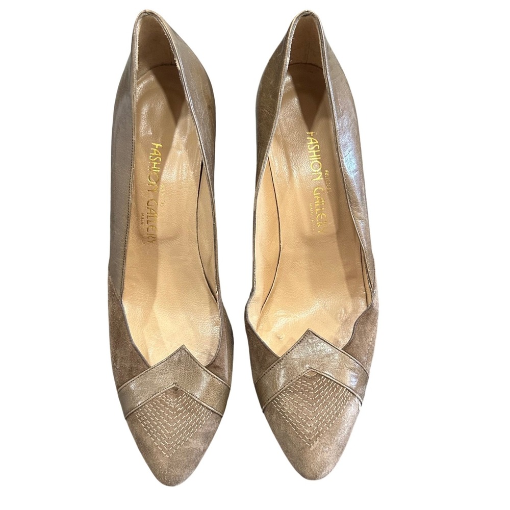 Bullocks Fashion Gallery Womens Taupe Leather Suede Pointed Toe Pumps Italy 37